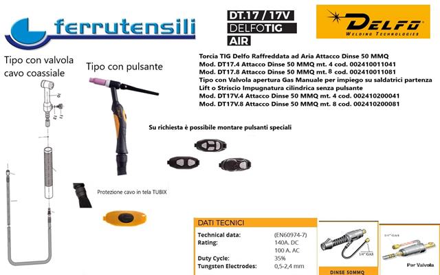 TORCIA TIG DELFO M.8 DT17V-8D CON VALVOLA E ATTACCO D50/70